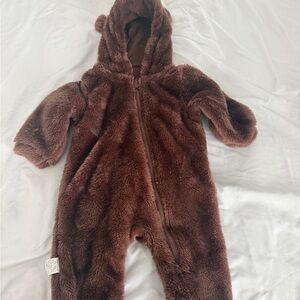 Baby Brown Teddy Bear Bodysuit Fur Oufit Full Zip Size 3-6months Unisex